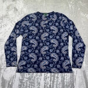 Lauren Ralph Lauren‎ Women's XL Paisley Print Long Sleeve Knit Top Blue Boho